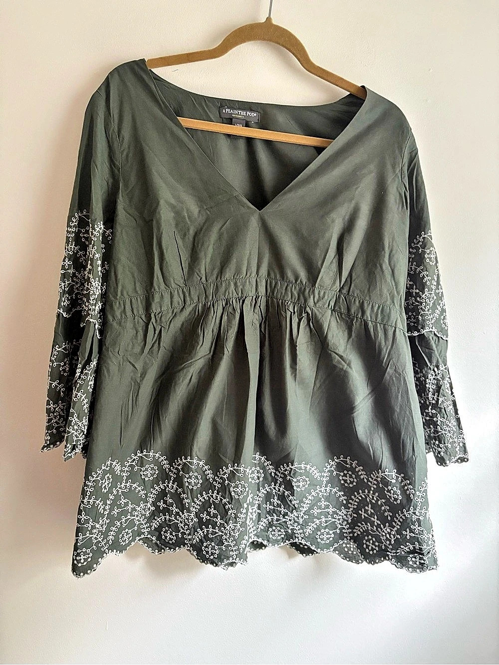A Pea in the Pod Maternity Embroidered Blouse in Olive Green, Size Large